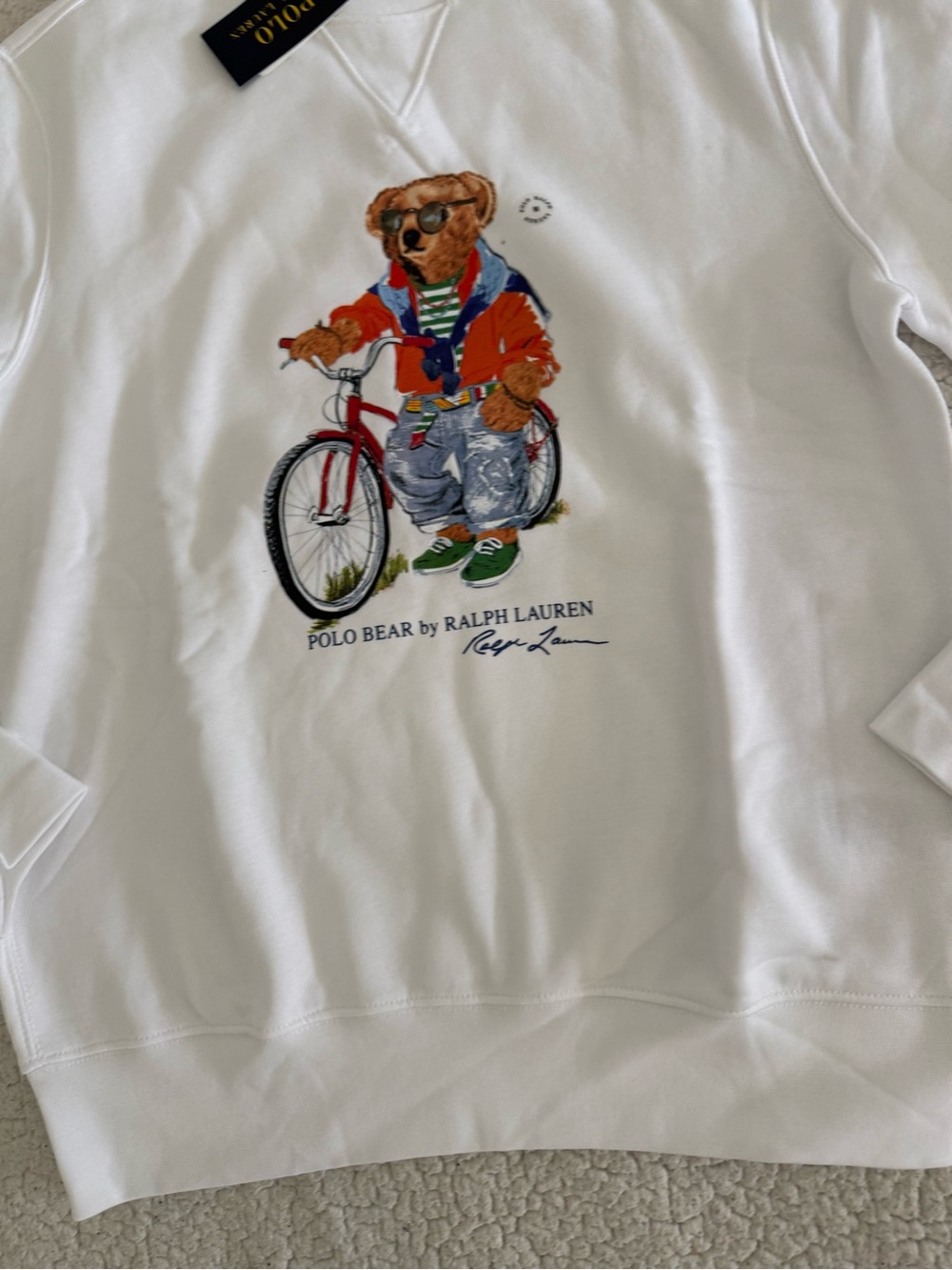 New men’s Polo Ralph Lauren Sz M White Crewneck with Polo Bear Bicycle - Picture 6 of 7